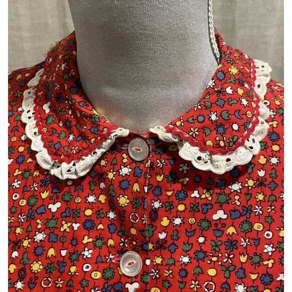 VTG Handmade Prairie Maxi Dress Red Calico Tiered + Bonnet Long Sleeve Sz Small - Picture 14 of 15